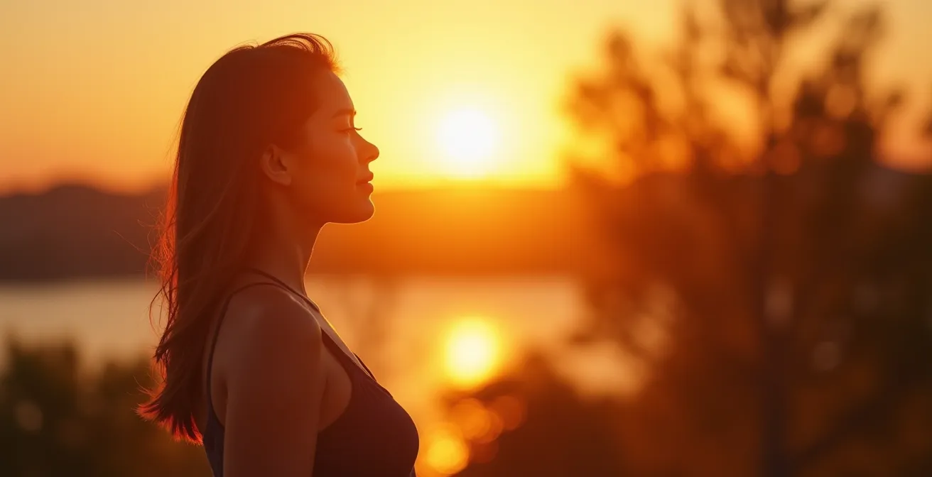Profil de femme contemplant sereinement l'horizon au coucher du soleil