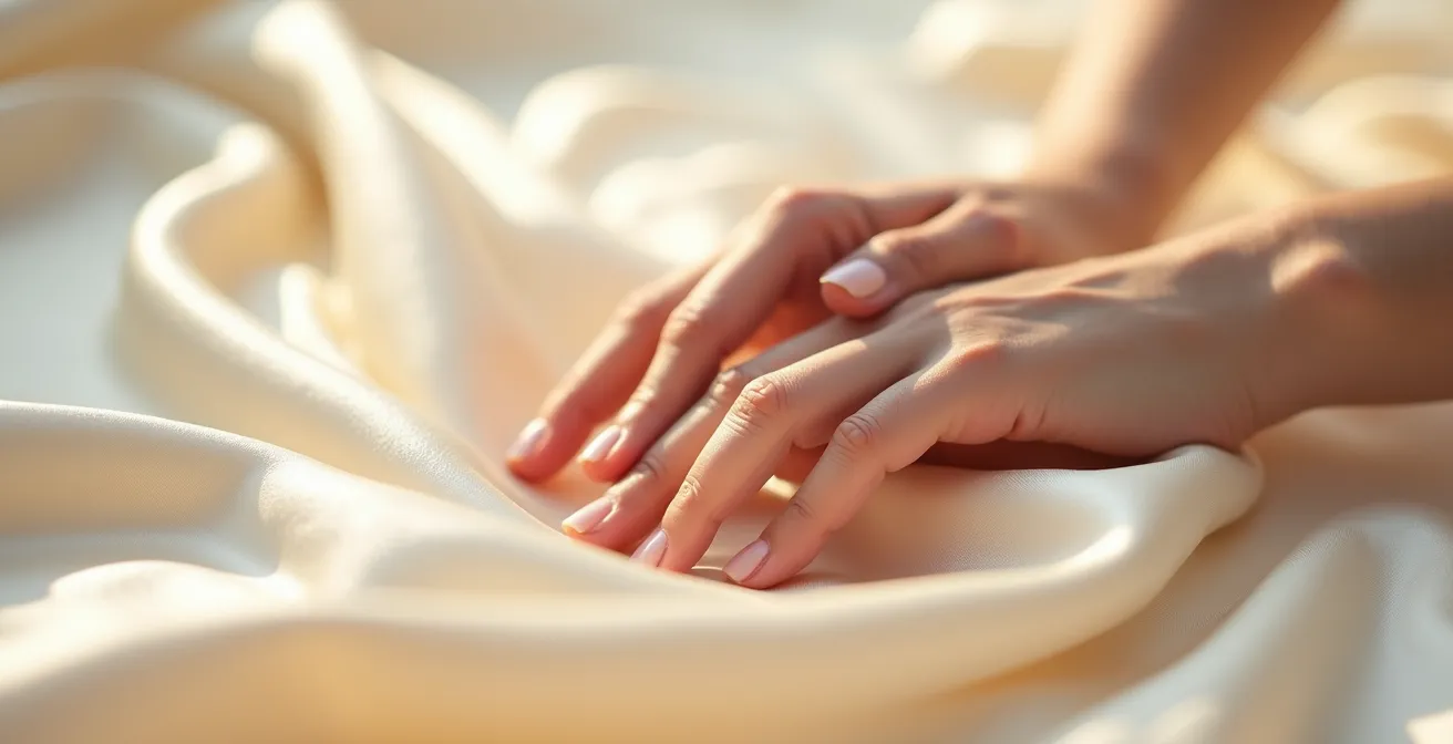 Gros plan sur des mains féminines caressant un tissu de soie