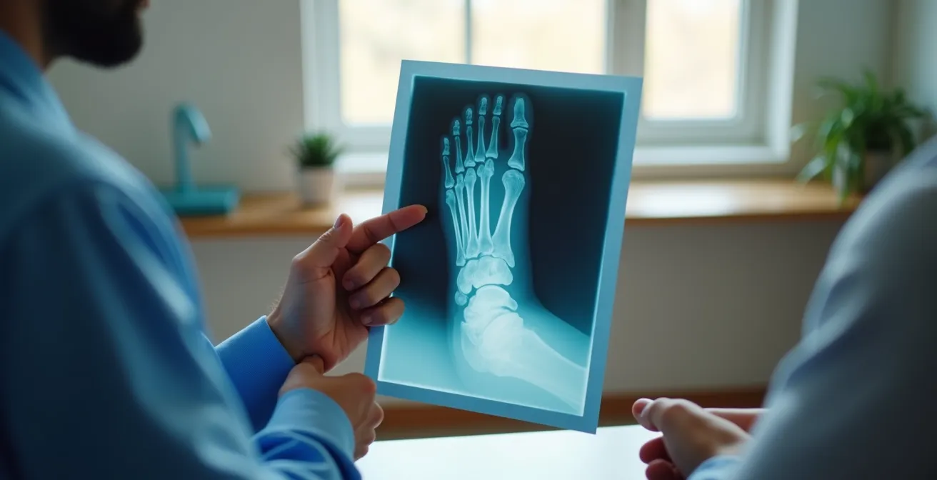 Axe Humain & Émotionnel : Mains de chirurgien expliquant une radiographie de pied à un patient