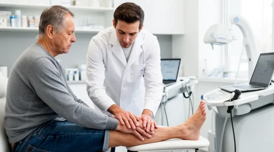 Médecin examinant le pied d'un patient en consultation podologique