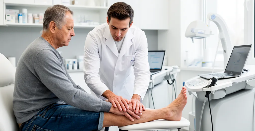 Médecin examinant le pied d'un patient en consultation podologique