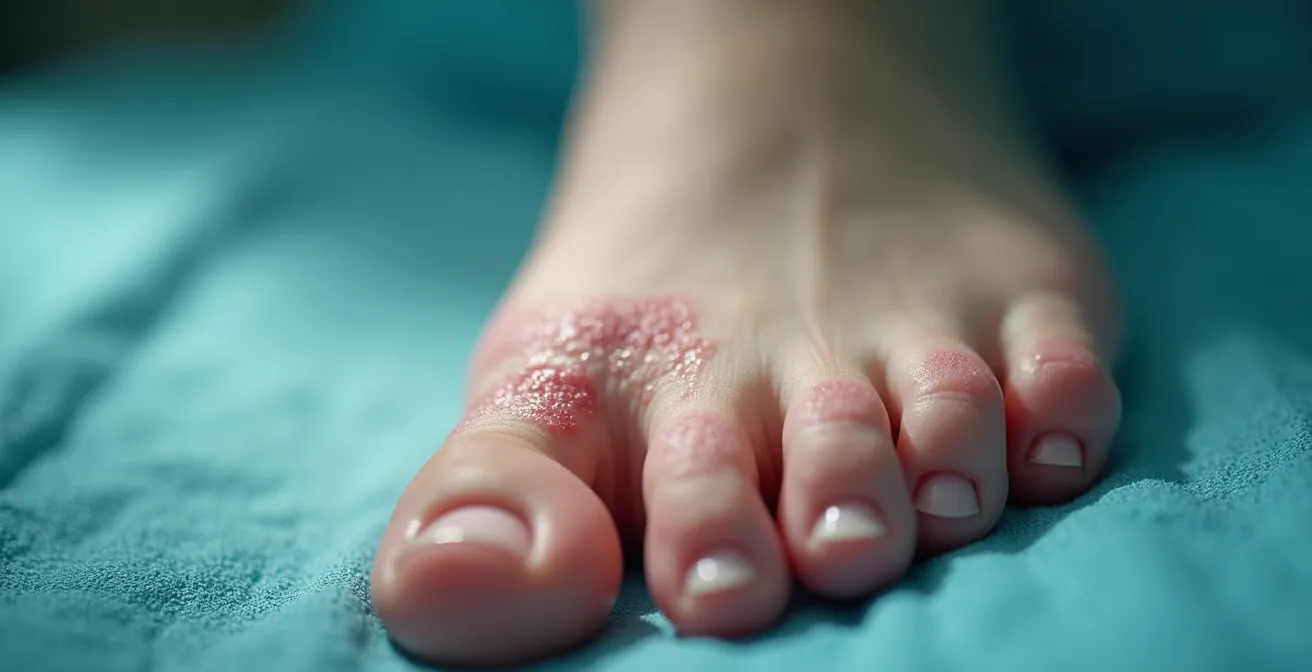 Axe Macro & Textural : Détail d'un pansement post-opératoire sur pied en cours de cicatrisation