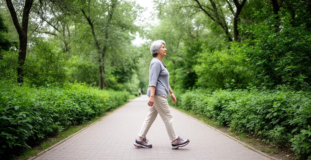 Femme marchant sereinement dans un parc avec des chaussures confortables