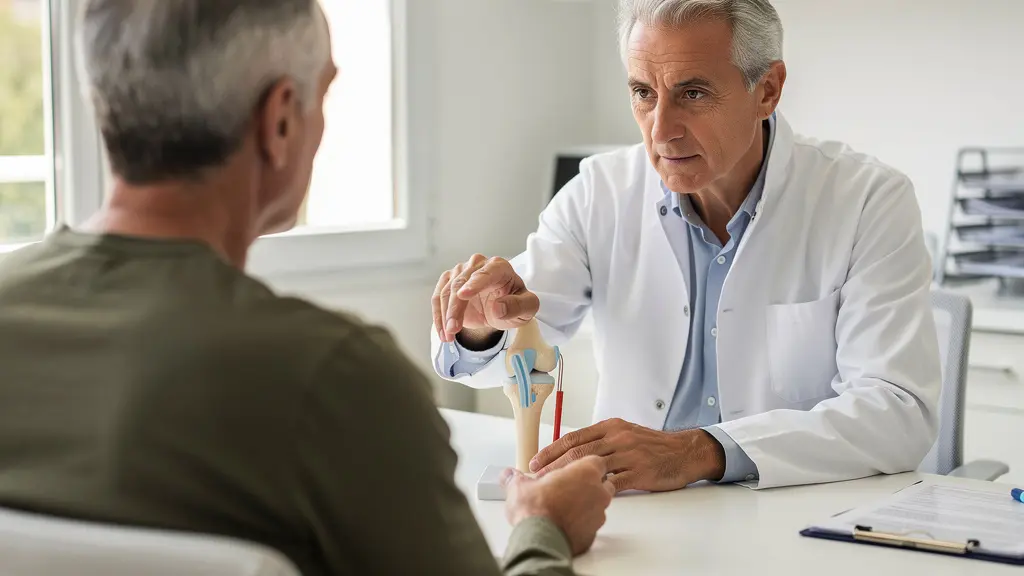 Patient en consultation avec un chirurgien orthopédiste expliquant une intervention du genou