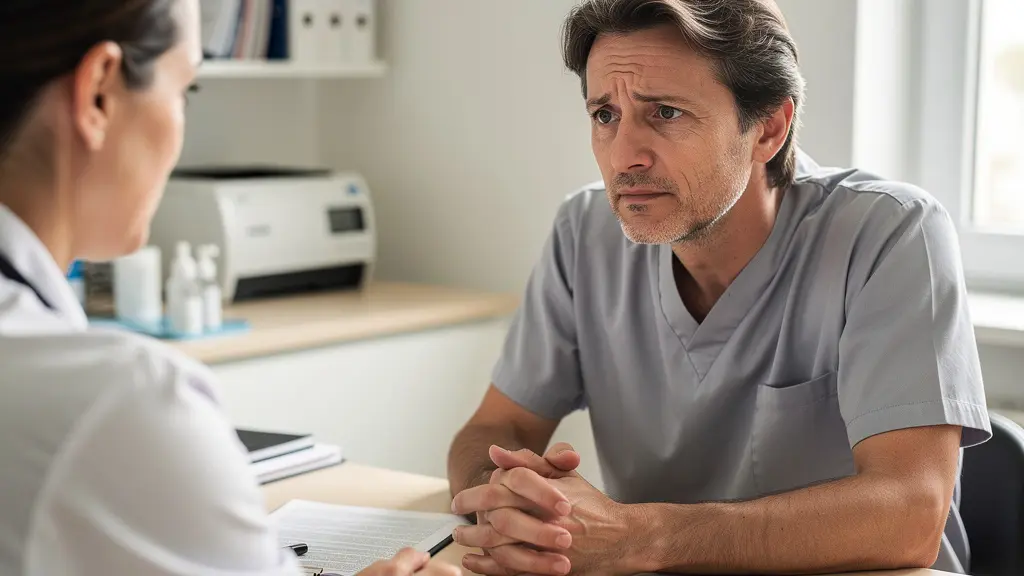 Patient posant des questions lors d'une consultation avec un chirurgien orthopédiste