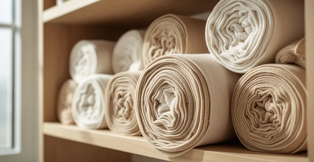 Rouleaux de bandes de contention beiges rangés sur étagère en bois de salle de bain