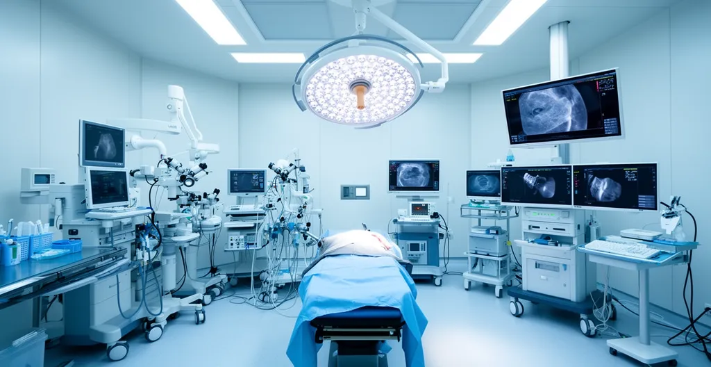 Bloc opératoire moderne équipé pour arthroscopie avec écrans et matériel stérile