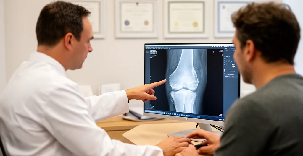 Chirurgien orthopédiste montrant une radio du genou à son patient