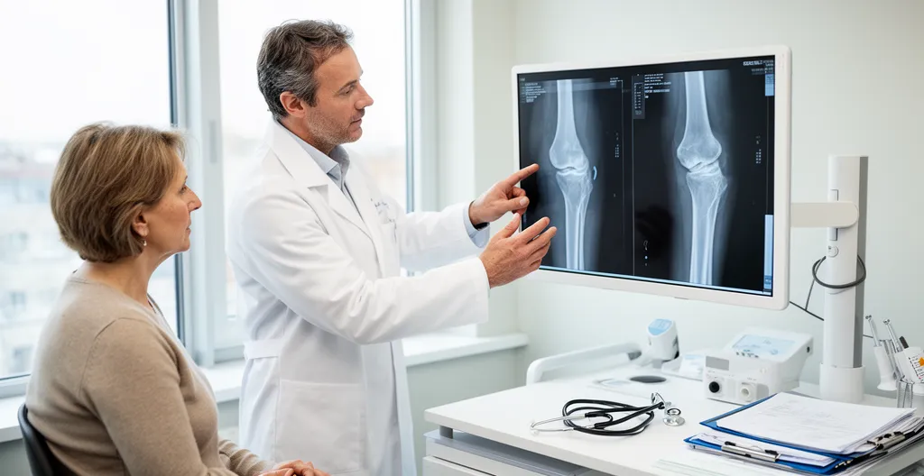 Chirurgien orthopédiste expliquant radiographie genou à patiente en consultation moderne