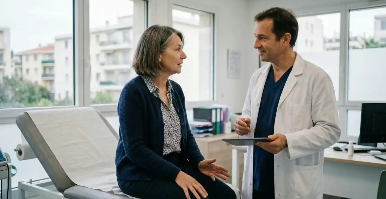 Patient en consultation orthopédique du genou dans un cabinet médical moderne à Nice