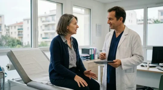 Patient en consultation orthopédique du genou dans un cabinet médical moderne à Nice