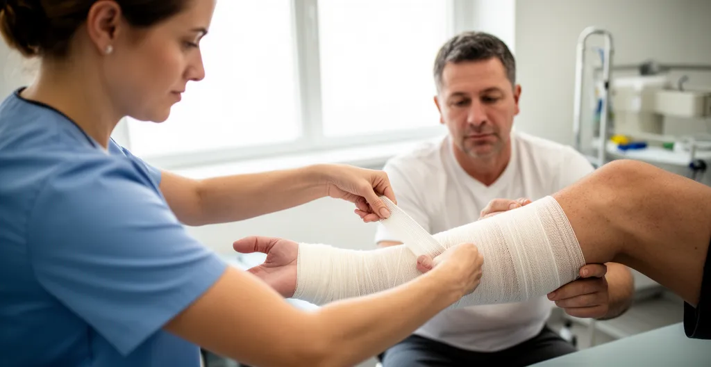 Kinésithérapeute montrant la technique de bandage sur jambe de patiente en cabinet lumineux