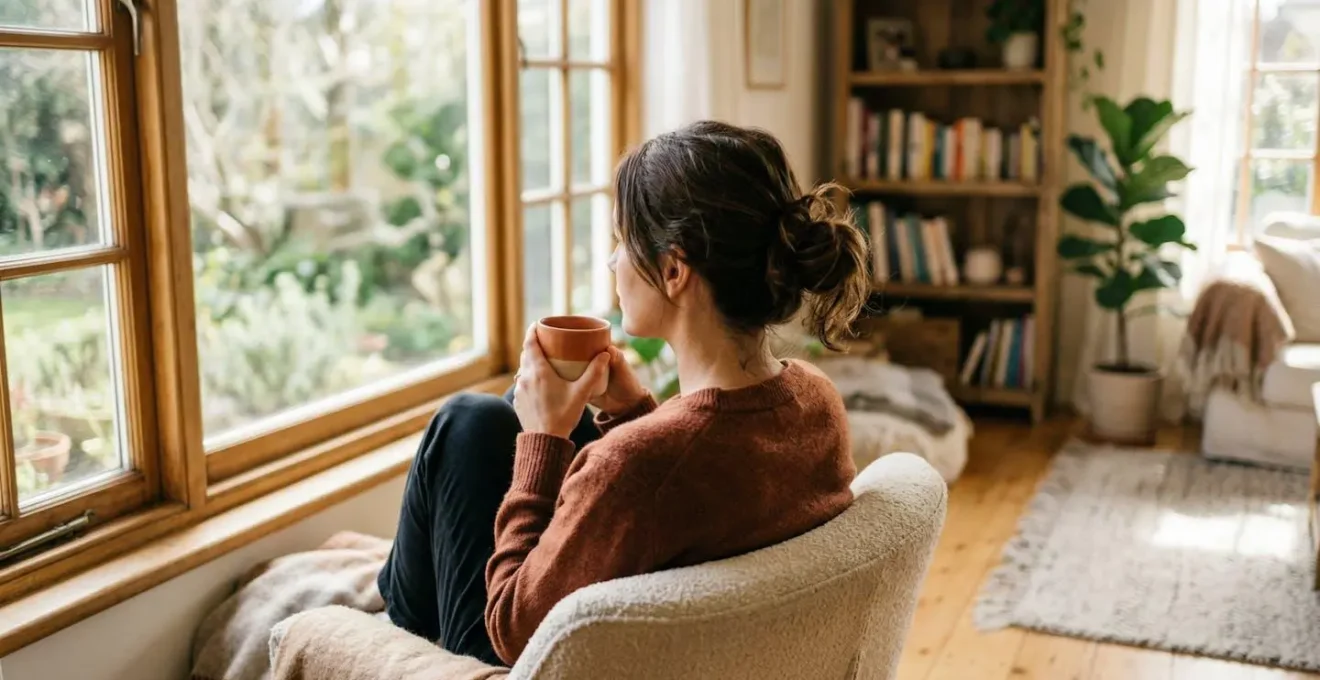 Une femme vue de dos près d'une fenêtre lumineuse, dans un intérieur chaleureux, tenant une tasse entre ses mains
