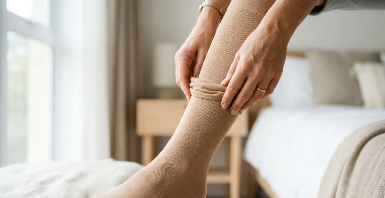 Mains féminines enfilant un bas de compression beige sur une jambe, dans un environnement domestique lumineux