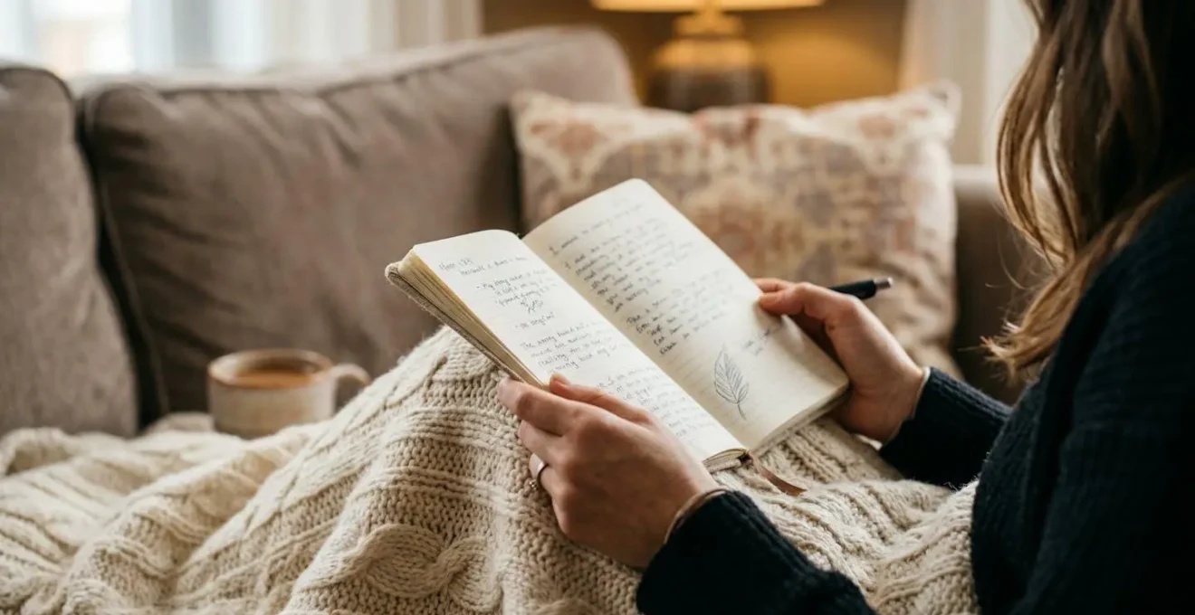 Mains féminines tenant un carnet ouvert sur un canapé confortable, avec une tasse posée à côté dans un environnement cosy