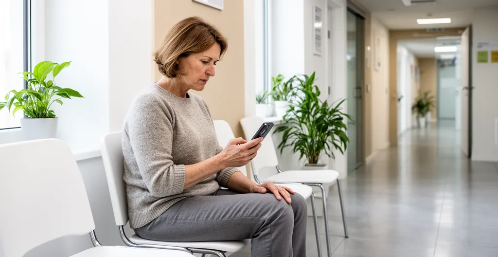 Patiente en attente dans couloir moderne de clinique orthopédique à Nice