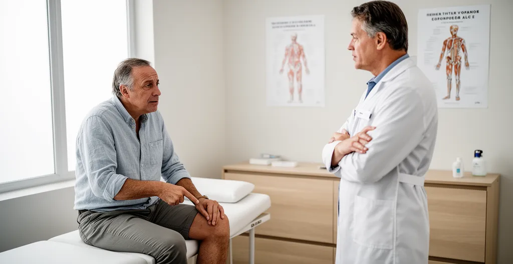 Patient attentif écoutant explications chirurgien orthopédiste en cabinet médical
