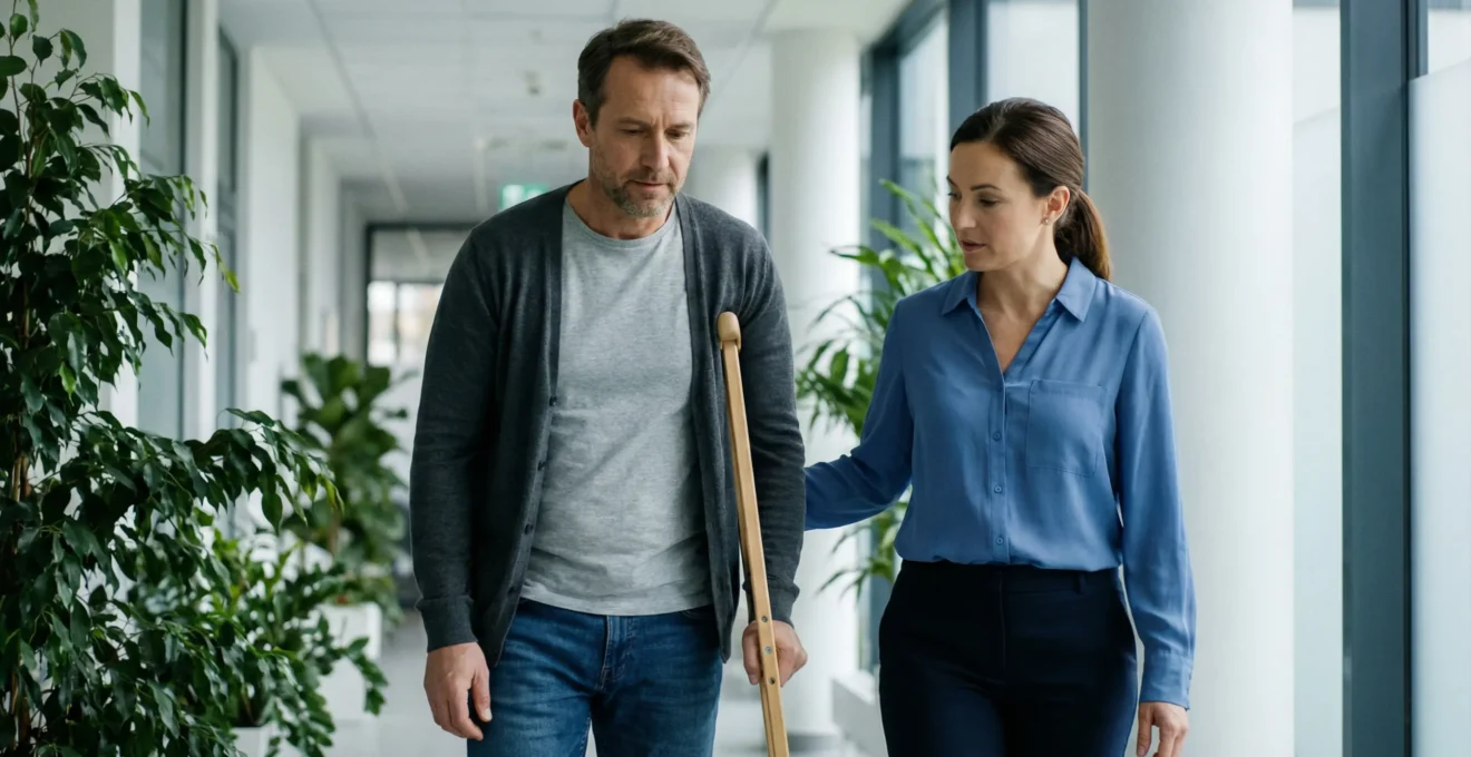Patient marchant prudemment avec béquille accompagné d'un professionnel de santé