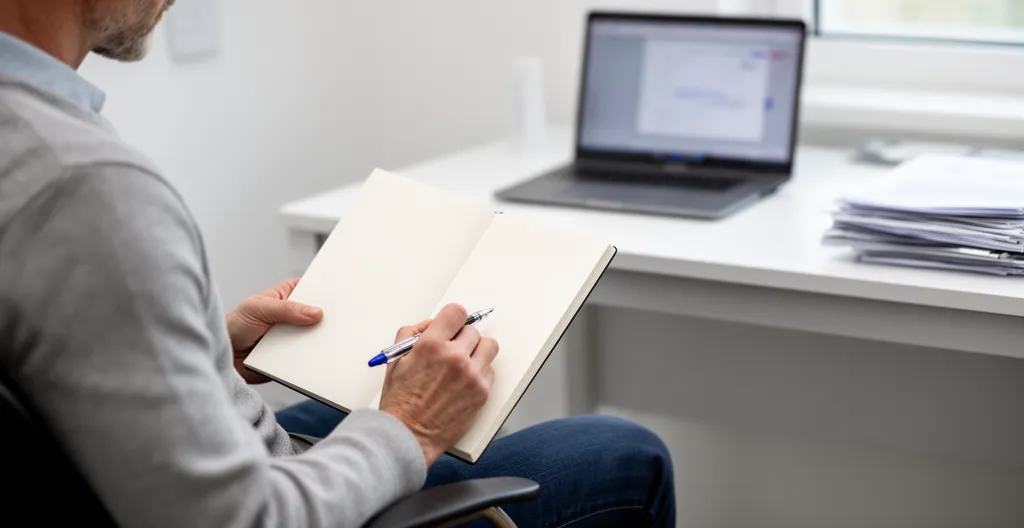 Patient prenant des notes lors d'une consultation médicale sur la récupération du genou