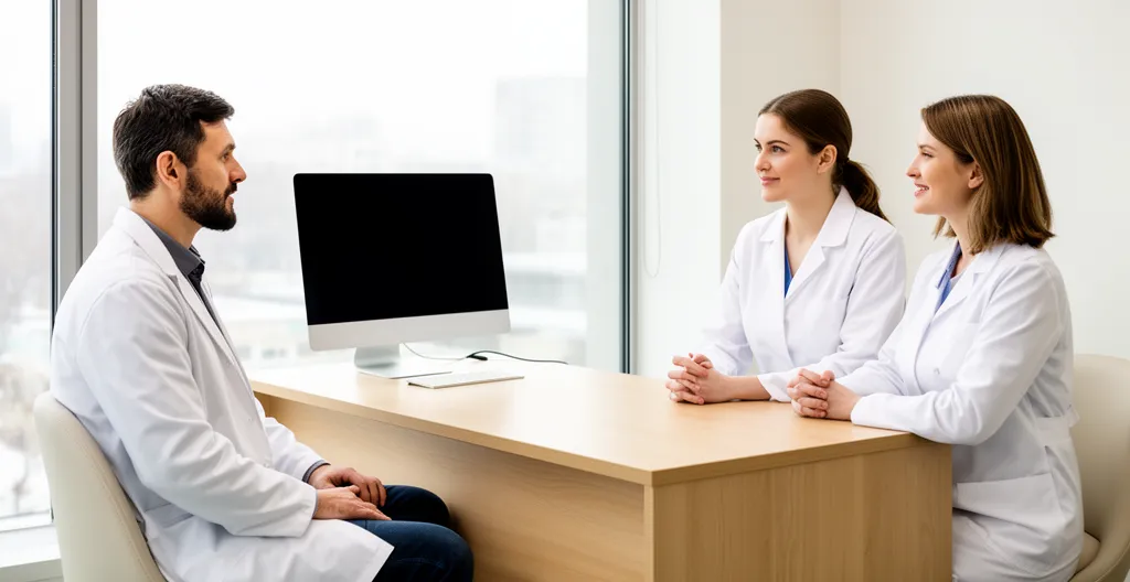 Discussion entre patient et équipe médicale sur la récupération post-chirurgie du genou