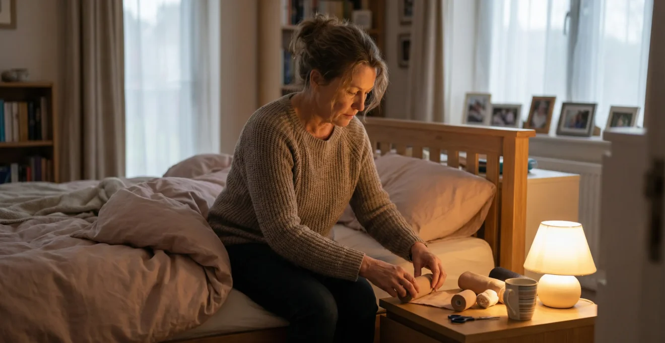 Femme préparant son matériel de contention nocturne sur table de nuit dans chambre cosy