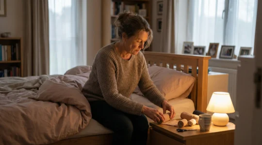 Femme préparant son matériel de contention nocturne sur table de nuit dans chambre cosy