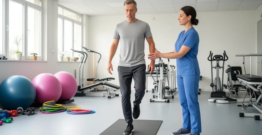 Séance de rééducation du genou avec kinésithérapeute guidant l'exercice