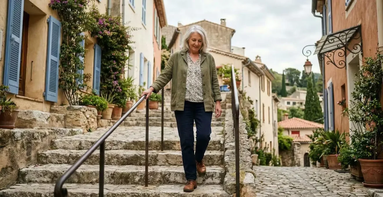 Femme européenne descendant prudemment un escalier extérieur en tenant la rampe, illustrant la difficulté liée à l'arthrose du genou