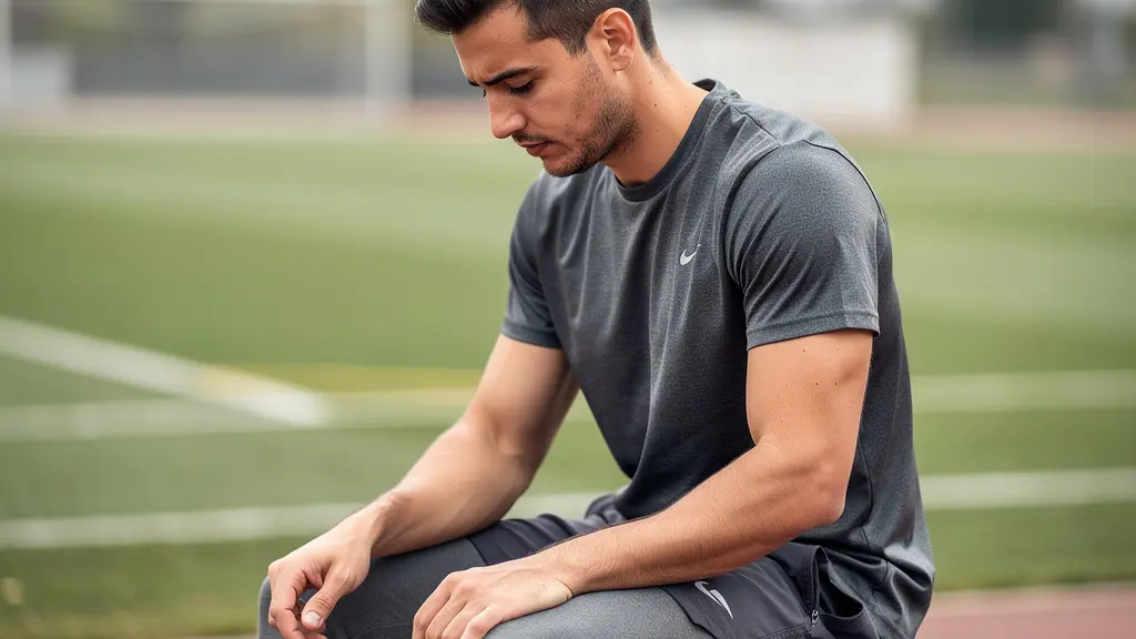 Sportif assis au bord du terrain avec rupture ligament croisé suspectée