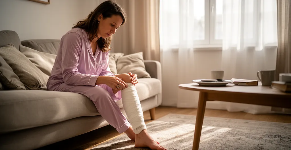 Femme en pyjama vérifiant son bandage sur jambe assise dans canapé le matin